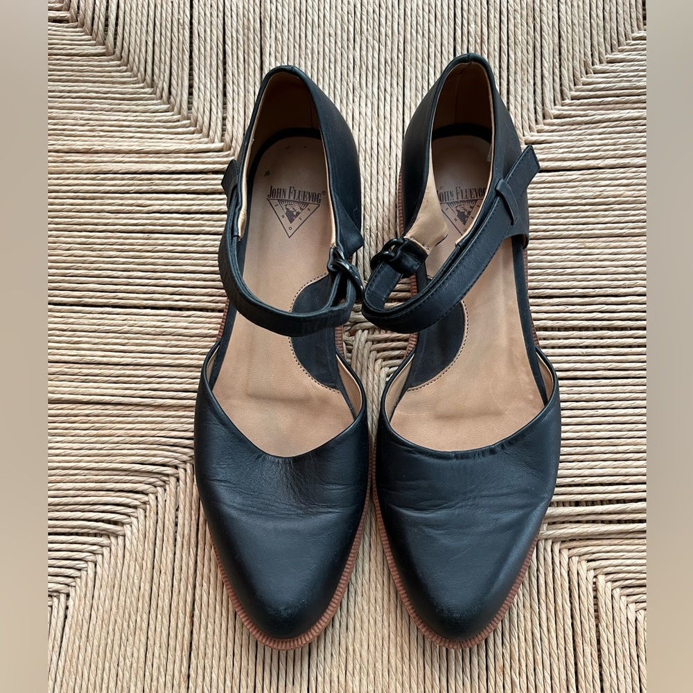 John Fleuvog, Black leather Mary Jane style flats, size 8.5